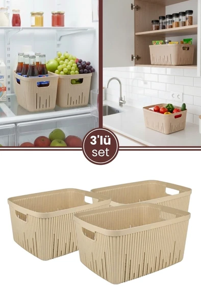 Flora 3'lü Dolap İçi Düzenleyici Sepet Seti, Mutfak Buzdolabı Organizer Tezgah Üstü Sepet 3x3,5 Litre ürün görseli 1