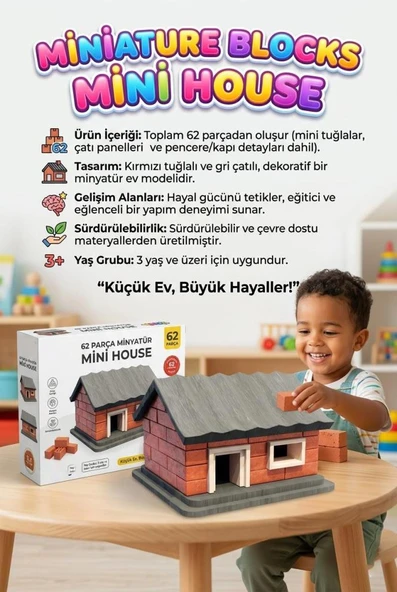 İlk Mini Evim! 62 Parça Minyatür Tuğlalı Küçük Ev Tasarımlı Eğitici Yapı Oyuncak İnşaat Seti ürün görseli 1