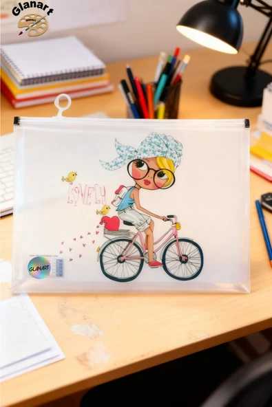 sunum proje dosyası klips fermuarlı a4 boy ödev dosyası bisikletli kız desenli (32,5x24,5 cm) 1 adet ürün görseli 1