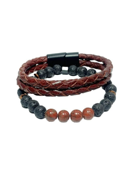 JTSS26BLK1859 JASPER KIRMIZI LAV HEMATİT DOĞALTAŞ ESNEK ve MIKNATISLI KİLİT HAKİKİ DERİ MAZLZEME TABA SİYAH 8 MM GARANTİLİ KUTULU KOMBİN JANTİ BİLEKLİK ürün görseli 1