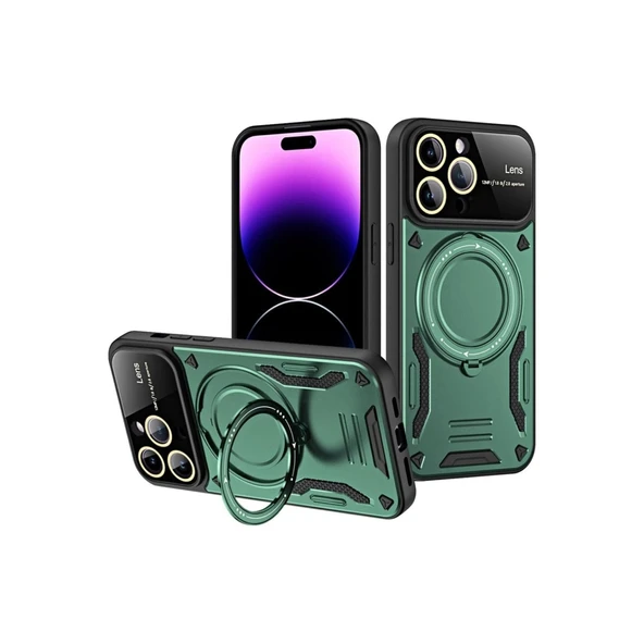 Apple İphone 16 Pro Max Kılıf Joy Lens Standlı Kapak - Koyu Yeşil ürün görseli 1