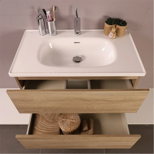 Kobos Simple 80 cm Çekmeceli Banyo Dolabı Seti Light Walnut - Resim 6