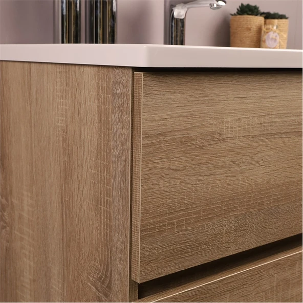 Kobos Simple 80 cm Çekmeceli Banyo Dolabı Seti Light Walnut - Resim 7