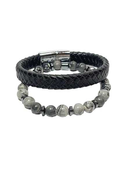 JTSS26BLK1855 JASPER HEMATİT DOĞALTAŞ ESNEK ve MIKNATISLI KİLİT HAKİKİ DERİ MAZLZEME SİYAH GRİ 8 MM GARANTİLİ KUTULU KOMBİN JANTİ BİLEKLİK ürün görseli 1