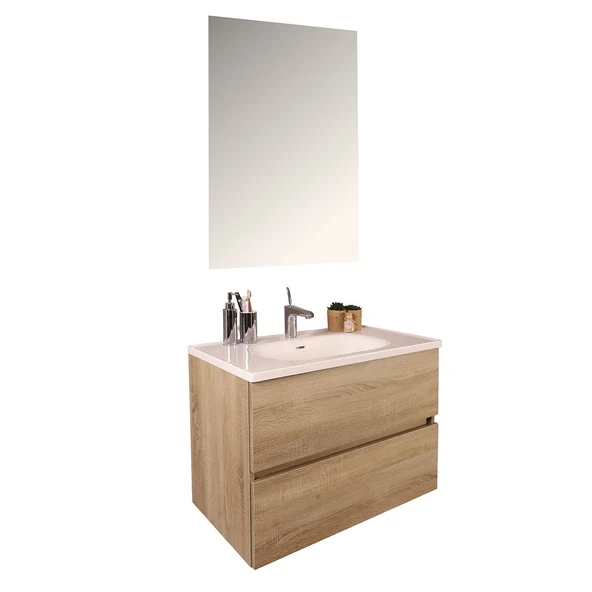 Kobos Simple 80 cm Çekmeceli Banyo Dolabı Seti Light Walnut ürün görseli 1