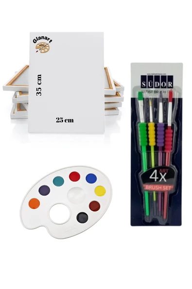 25x35 tuval ve paletli 4 lü fırça seti sentetik uç (yağlı,guaj,akrilik  boyası için) ürün görseli 1