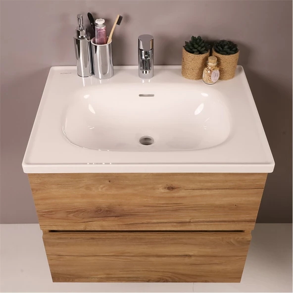 Kobos Simple 60 cm Çekmeceli Banyo Dolabı Seti Light Walnut - Resim 5