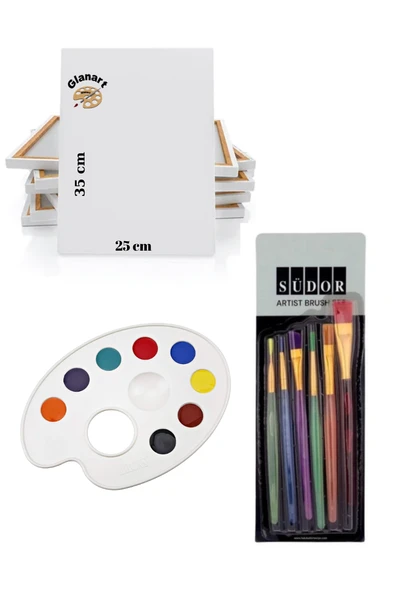 25x35 tuval ve paletli 6 lı fırça seti sentetik uç (yağlı,guaj,akrilik  boyası için) ürün görseli 1
