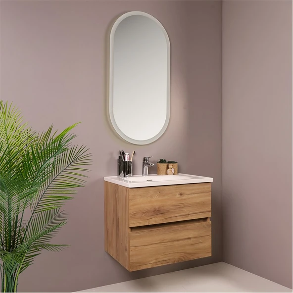 Kobos Simple 60 cm Çekmeceli Banyo Dolabı Seti Light Walnut - Resim 2