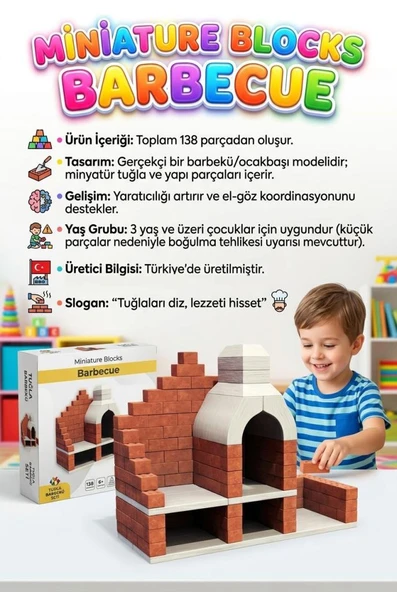 138 Parçalı DIY Minyatür Tuğlalı Barbekü Temalı Dekoratif Eğitici İnşaat Yapı Oyuncak Seti ürün görseli 1