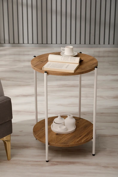 Arpelia Yuvarlak Tablalı İki Katlı Sehpa Q42x60 cm Beyaz Atlantik Çam ürün görseli 1