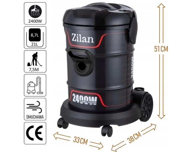 ZİLAN ZLN2006 Profesyonel Elektrikli Torbasız Süpürge | 2400W | 21L | Üfleme Fonksiyonu ürün görseli 1