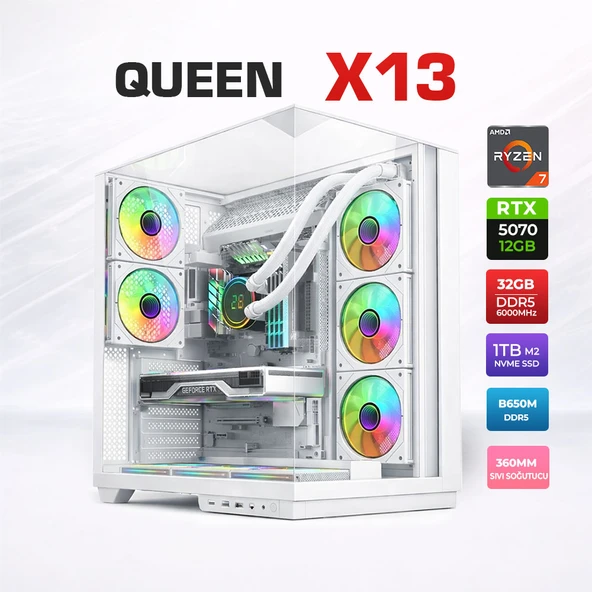 Xaser Queen X13 Ryzen 7 7800X3D 32GB DDR5 Ram 1TB M.2 NVMe SSD 12GB RTX5070 Sıvı Soğutmalı Oyuncu Bilgisayarı ürün görseli 1