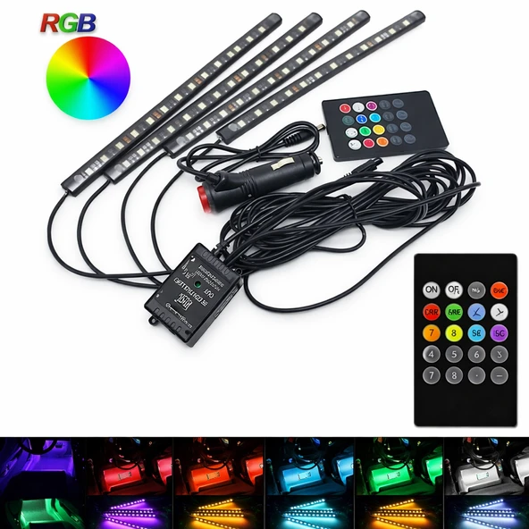 Araç İçi Ayak Altı LED Seti RGB Kumandalı Sese Duyarlı 12V Çakmak Girişli Uzaktan Kontrollü IP65 HT7063 Hightek ürün görseli 1