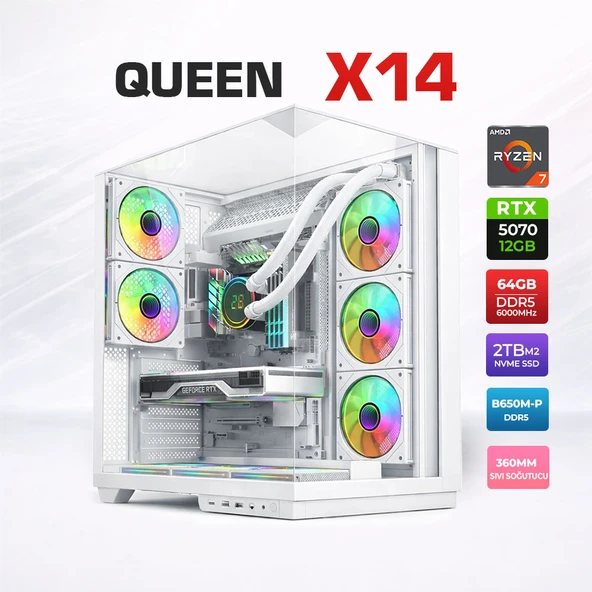Xaser Queen X14 Ryzen 7 7800X3D 64GB DDR5 Ram 2TB M.2 NVMe SSD 12GB RTX5070 Sıvı Soğutmalı Oyuncu Bilgisayarı ürün görseli 1
