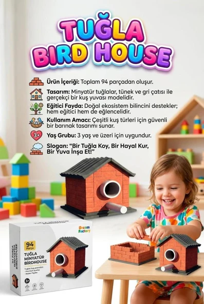 Kendi Yuvanı İnşa Et! 94 Parça Gerçek Minyatür Tuğlalı Kuş Evi Temalı Eğitici Yapı Oyuncak Seti ürün görseli 1