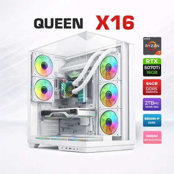 Xaser Queen X16 Ryzen 7 9800X3D 64GB DDR5 Ram 2TB M.2 NVMe SSD 16GB RTX5070Ti Sıvı Soğutmalı Oyuncu Bilgisayarı ürün görseli 1