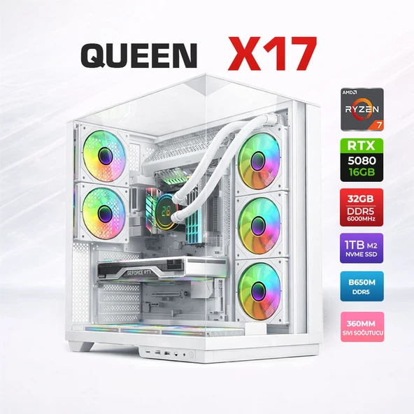 Xaser Queen X17 Ryzen 7 9800X3D 32GB DDR5 Ram 1TB M.2 NVMe SSD 16GB RTX5080 Sıvı Soğutmalı Oyuncu Bilgisayarı ürün görseli 1