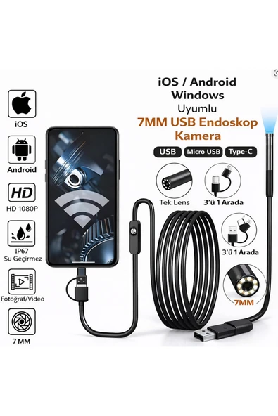 Dimute Shop USB Endoskop Kamera 7mm 1080P HD LED Işıklı 10m Esnek Kablo Su Geçirmez Boroskop ürün görseli 1