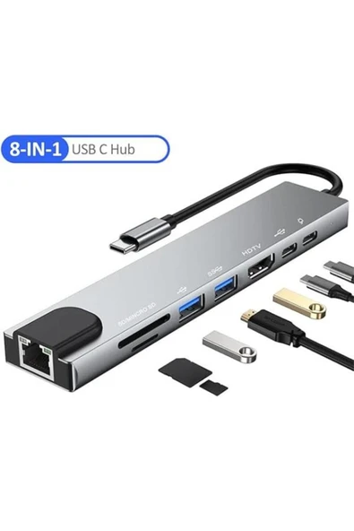 SEENERGY Macbook Pro Air Usb Type-c Hub Dönüştürücü  4K HD RJ45 Ethernet USB 3.0 Şarj  SD TF Kart Okuyucu ürün görseli 1