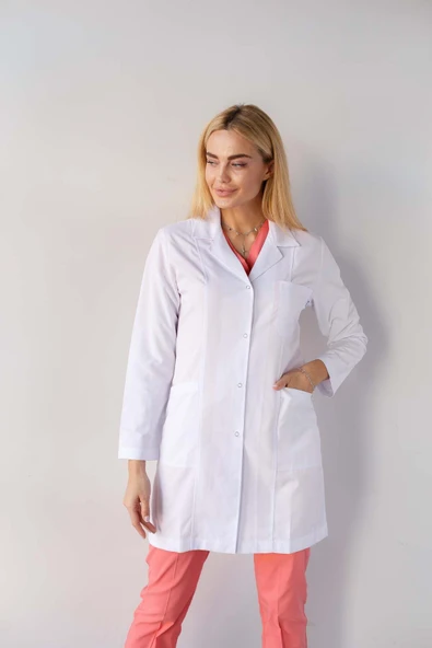 VAYVAYLI Gömlek Yaka Orta Boy Beyaz Kadın Doktor Öğretmen Laboratuvar Önlüğü ürün görseli 1