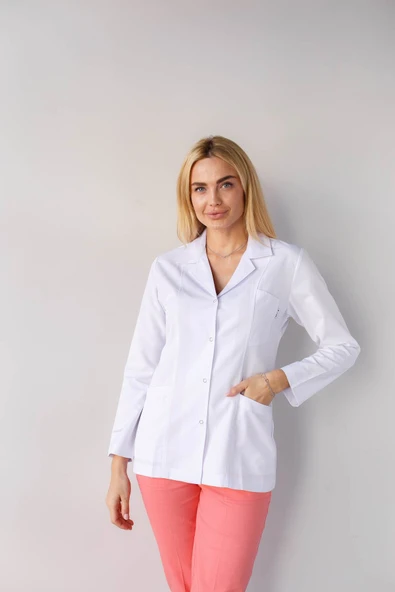 VAYVAYLI Gömlek Yaka Ceket Boy Beyaz Kadın Doktor Öğretmen Laboratuvar Önlüğü ürün görseli 1