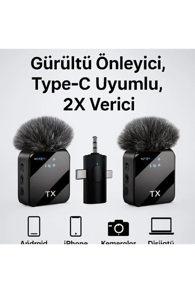 MSYELEKTRONİK 3'ü 1 Arada Kablosuz Mikrofon SetiGürültü Önleyici Type-C Uyumlu 2X Verici ürün görseli 1