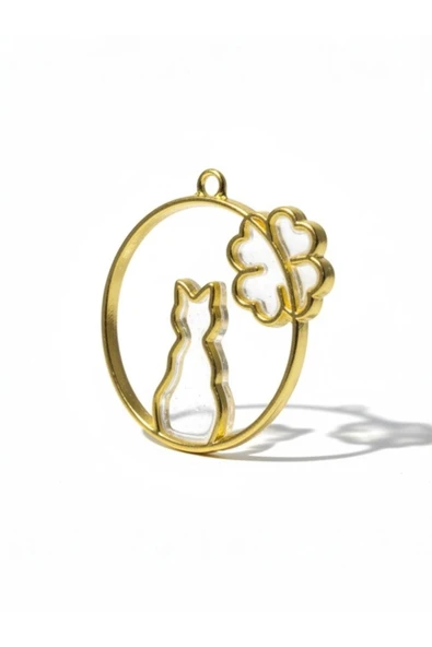 stonechem 3.5 cm Daire Kedi-Yonca Gold Zamak Kolye Ucu Epoksi ve Takı Yapımına Uygun(5Adet) ürün görseli 1