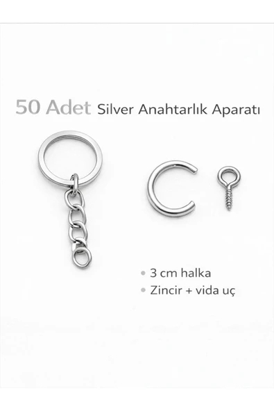 stonechem 50 Adet Silver Anahtarlık Halkası Seti – 2.4 cm Metal Halka, Zincir ve Vida Uçlu Anahtarlık Aparatı ürün görseli 1