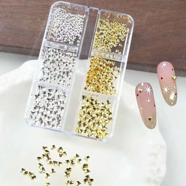 Kalp Dizayn 6 Grit Metal Tırnak Süsleme Charm Silver ve Gold Nail Art Charm Taşları WN-527 ürün görseli 1