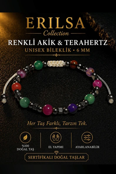 Sertifikalı Renkli Akik Terahertz Bileklik 6 MM Doğal Taş Unisex Ayarlanabilir - Şık Tasarım ürün görseli 1
