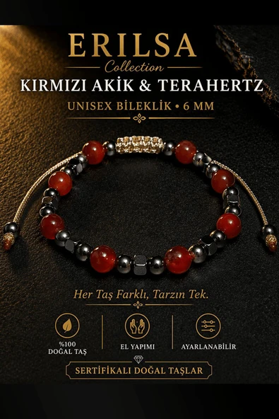 Sertifikalı Bayrak Kırmızı Akik Terahertz Bileklik - 6 MM Doğal Taş Unisex Ayarlanabilir Premium ürün görseli 1