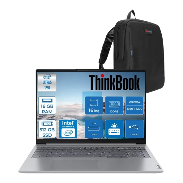 Thinkbook 16 G7 Iml Intel Ultra 5 125U 16GB Ddr5 1 Tb SSD Intel® Aı Boost 16" Wuxga 300NITS IPS Windows 11 Pro Taşınabilir Bilgisayar 21MS005KTR + Cimete Çanta ürün görseli 1