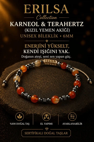 Sertifikalı Karneol Terahertz Bileklik - 6 MM Doğal Taş Unisex Ayarlanabilir - Canlı Tasarım ürün görseli 1
