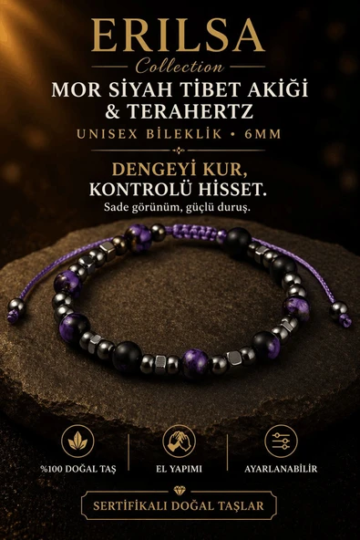 Sertifikalı Terahertz Mor Siyah Tibet Akiği - Ham Çeroit Bileklik - 6 MM Doğal Taş Unisex ürün görseli 1