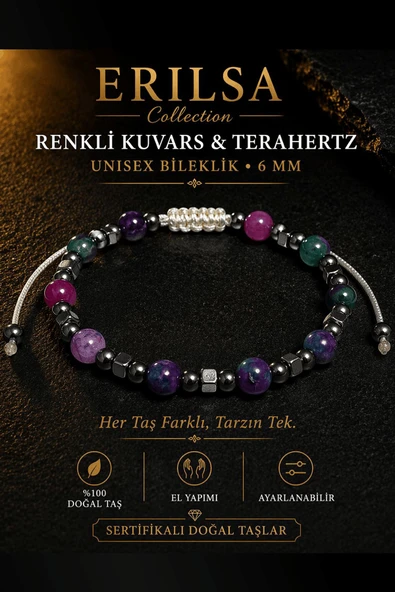 Sertifikalı Renkli Kuvars Terahertz Bileklik - 6 MM Doğal Taş Unisex Ayarlanabilir - Premium ürün görseli 1