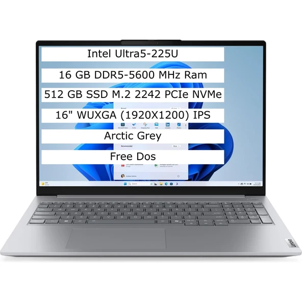 Lenovo Thinkbook 16 Intel Core Ultra 5 225U 16GB 512GB SSD 16" IPS Panel Freedos Taşınabilir Bilgisayar 21SK007VTX ürün görseli 1