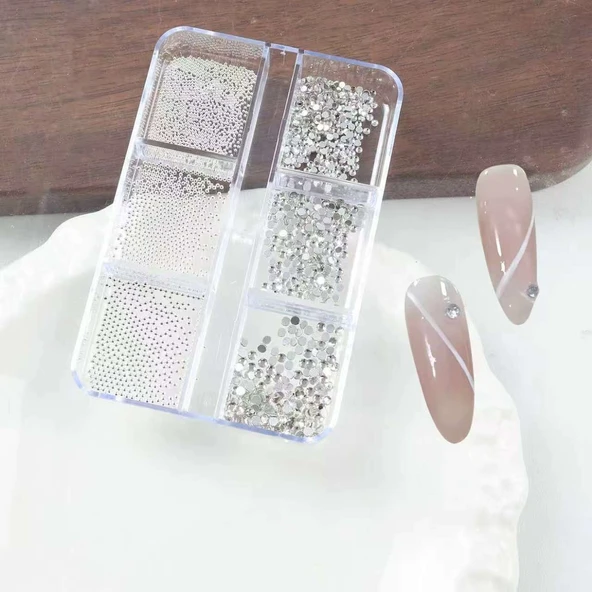 6lı Tırnak Metal Havyar ve Parlak Süs Taşları 3 Boy Nail Art Süsleme Taşları WN-524 ürün görseli 1