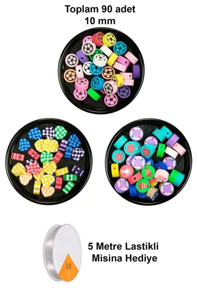 90 Adet 10 mm Polimer Kil Fimo Boncuk Takı Bileklik + 5 Metre Misina Hediye - Kalp - Deniz - Çiçek ürün görseli 1