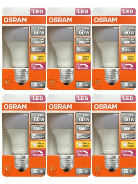 (6 Adet) Ledvance 8,8W Sarı Işık (2700K) E27 Duylu (Kalın Duy) Dim Edilebilir Led Ampul ürün görseli 1