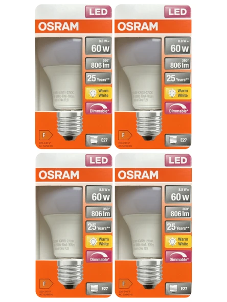 (4 Adet) Ledvance 8,8W Sarı Işık (2700K) E27 Duylu (Kalın Duy) Dim Edilebilir Led Ampul ürün görseli 1