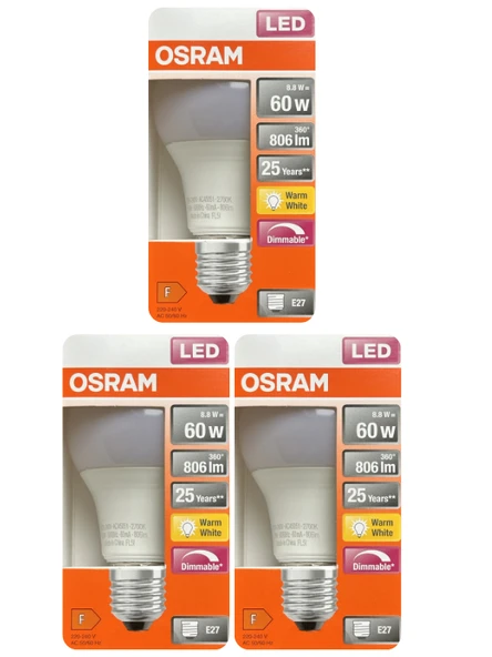 (3 Adet) Ledvance 8,8W Sarı Işık (2700K) E27 Duylu (Kalın Duy) Dim Edilebilir Led Ampul ürün görseli 1