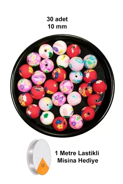30 Adet 10 mm Polimer Kil Fimo Boncuk Takı Bileklik + 1 Metre Lastikli Misina Hediye - Desenli Yuvarlak ürün görseli 1