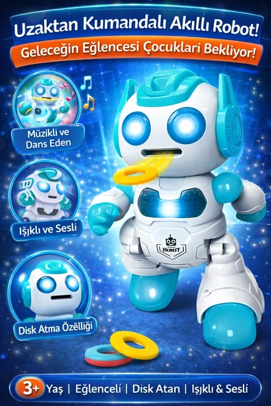 Uzaktan Kumandalı Disk Atan Akıllı Oyuncak Robot Işıklı Müzikli Dansçı Robot ürün görseli 1