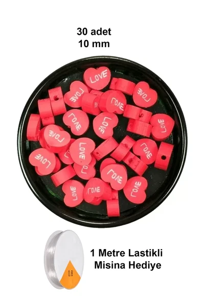 30 Adet 10 mm Polimer Kil Fimo Boncuk Takı Bileklik + 1 Metre Lastikli Misina Hediye - Kalp Love ürün görseli 1
