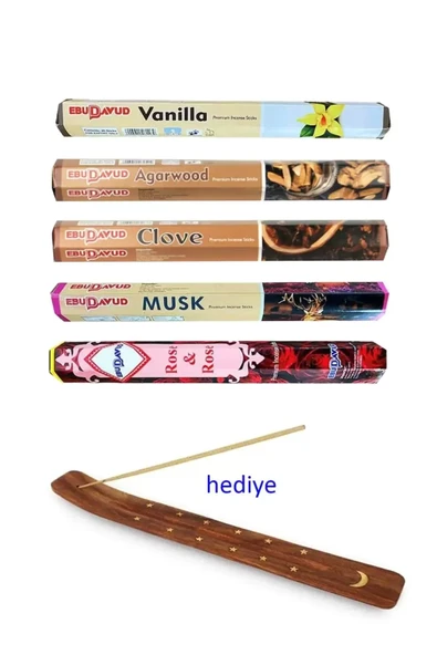 5 Paket 20 Çubuklu Tütsü Vanilla - Musk - Clove - Wood - Redrose - Kayık Hediyeli ürün görseli 1