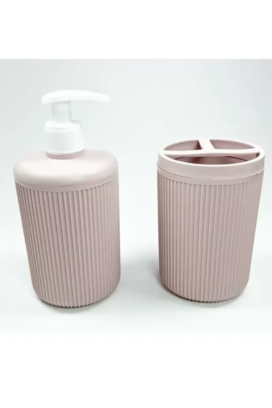 Plastik Sıvı Sabunluk ve Diş Fırçalık Set Renk Pudra ürün görseli 1