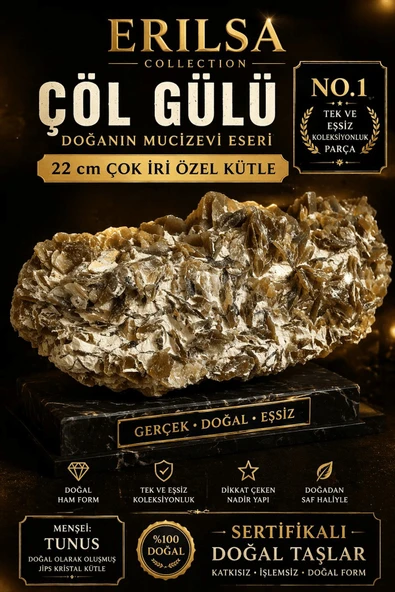 Sertifikalı Çöl Gülü Taşı Kütle - 22 cm Çok İri Koleksiyonluk Doğal Jips Kütle Özel Parça ürün görseli 1