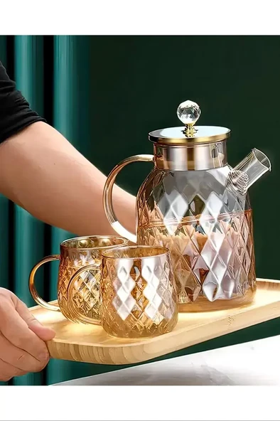 Kabartmalı Bambu Kapaklı Borosilikat Cam Demlik 1500ml Royaleks-CM-2005 ürün görseli 1