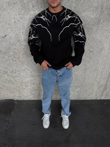 Vexor Yıldırım Baskılı Bisiklet Yaka SweatShirt - Siyah ürün görseli 1